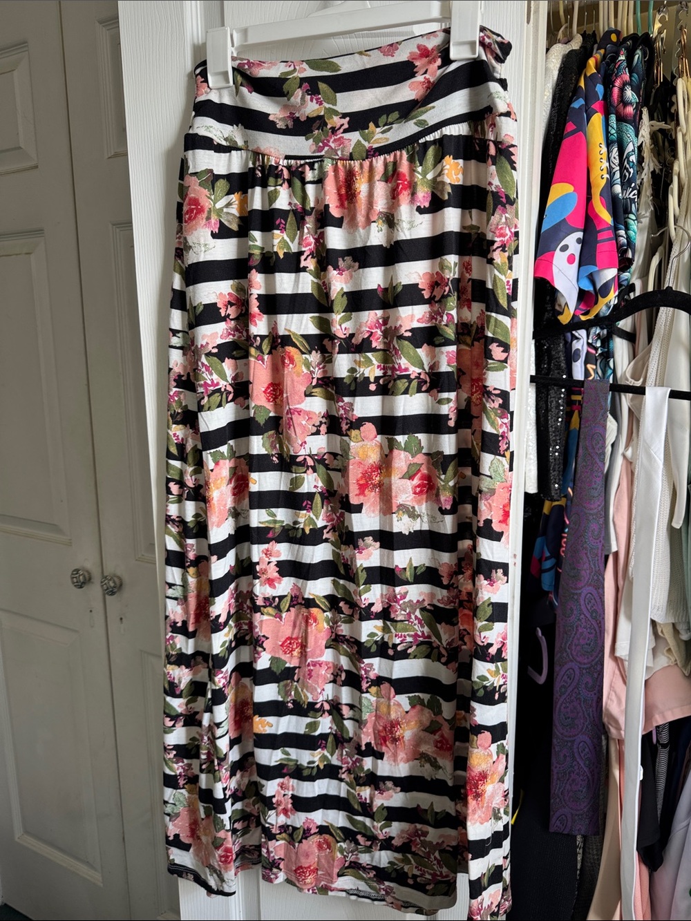 Joe Benbasset Black & White Striped Maxi Skirt with Pink Floral